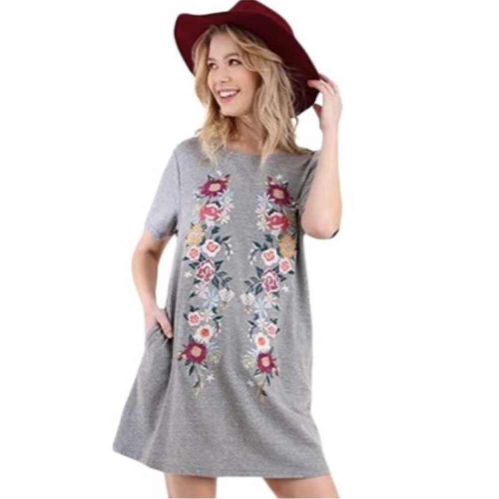 Umgee T-Dress with floral embroidery